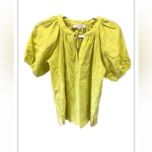 Loft  Boho Women’s Lemon Green XSP Tie Neck Short Puff Sleeve  Blouse